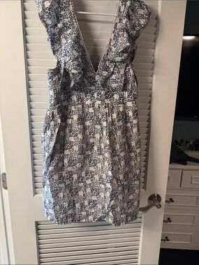 Anthropologie White Mini Dress with Navy Floral Print and Ruffled V-Neck